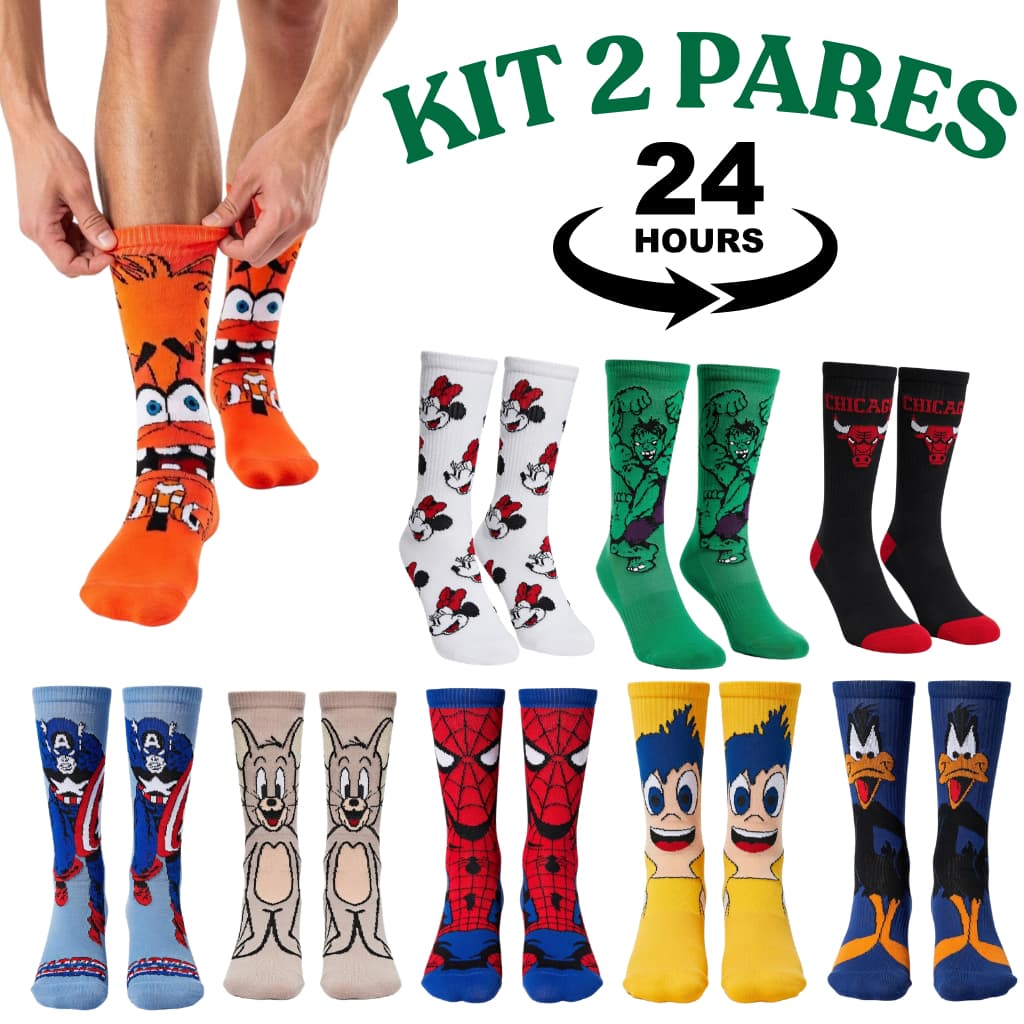 Kit 2 Pares de Meias | PERSONAGENS FAMOSOS | Unissex – Confortáveis e Estilosas para Adultos