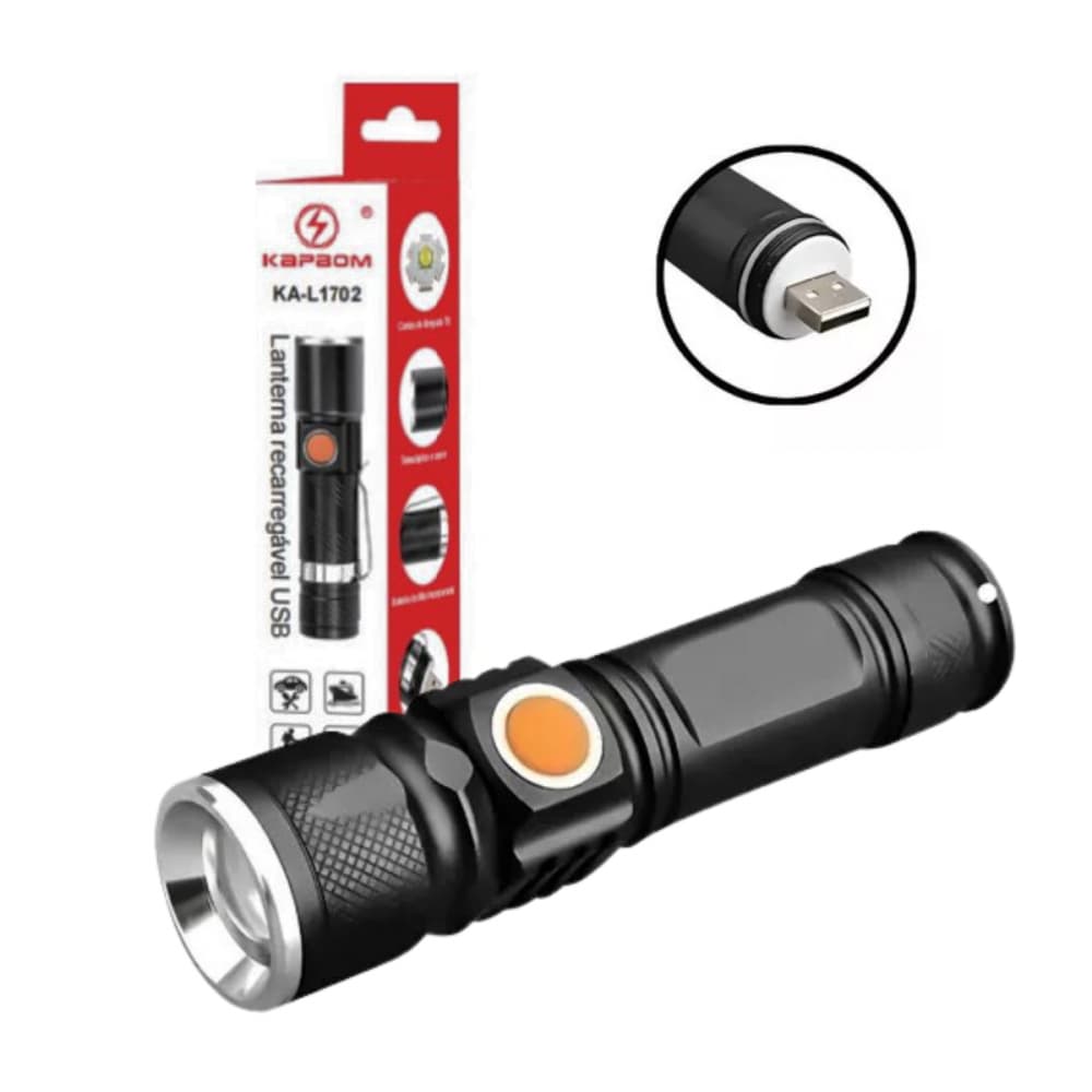 Lanterna Tática Portátil Carregamento USB Luz LED Kapbom KA-L1702
