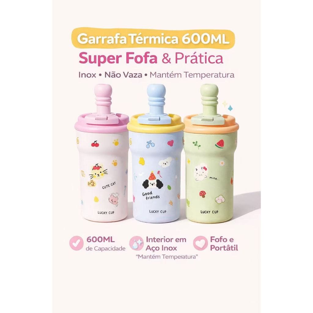 Copo Térmico Infantil 600ml Fofo com Canudo | Garrafa Inox Quente/Frio Escola Academia Fofo / Cute