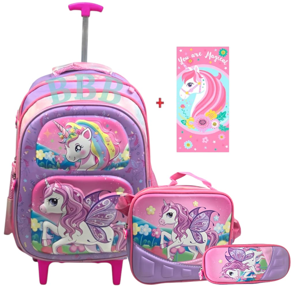 👑Kit Mochila  Escolar Meninas Com  Rodinhas  Unicórnio 3D + Toalha