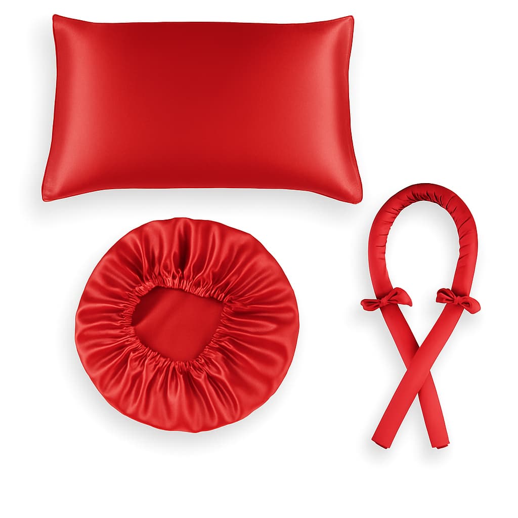Kit Cetim 1 Touca de Cetim + 1 Fronha de Cetim + 1 Modelador Curling Rod + 2 Xuxinha Cachos Vermelho