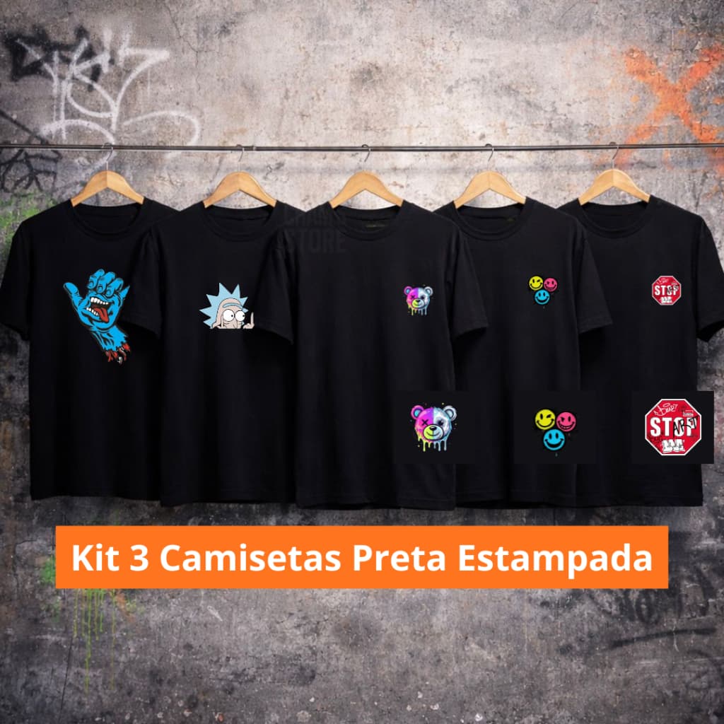 Kit 3 Camiseta Básica Unissex Estampas sortidas - Blusa para o dia a dia - 100% Algodão Premium