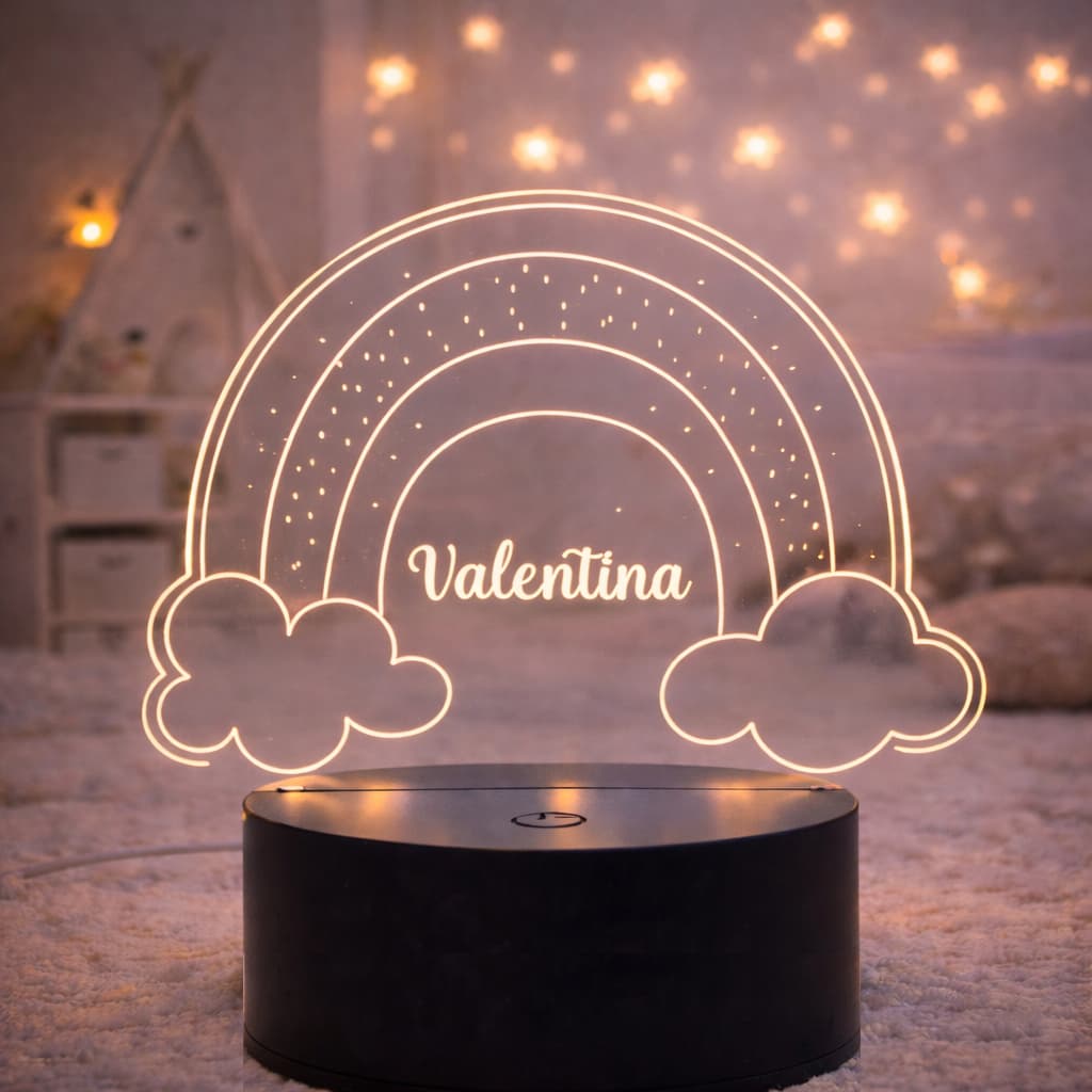 Luminária Acrílica LED Personalizada Infantil - Tema Arco Íris com Nome