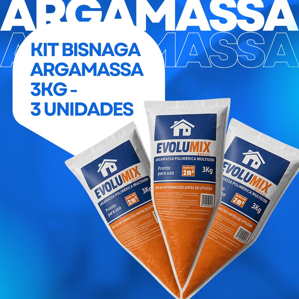Kit 3 Unidades Argamassa Polimérica Evolumix 3kg Alta Aderência Pronta para Uso Blocos Tijolos