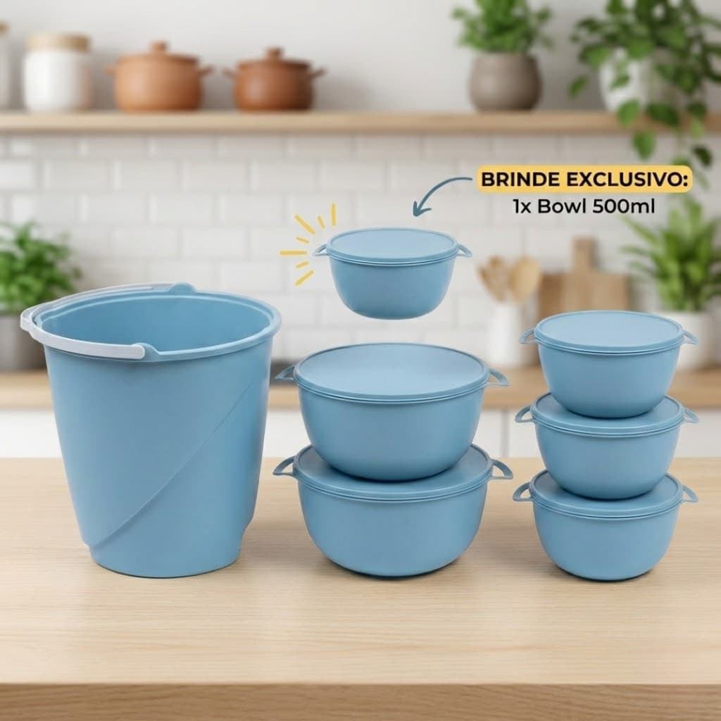 Pote Redondo Bowl Plástico Azul Kit 5 Peças + Balde 8L Resistente