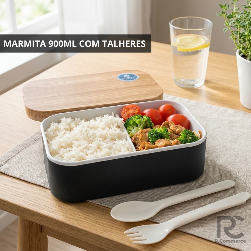 Kit Marmita Com Talheres 900ml Branca Preta Livre BPA Vedação Hermética Divisórias Portátil
