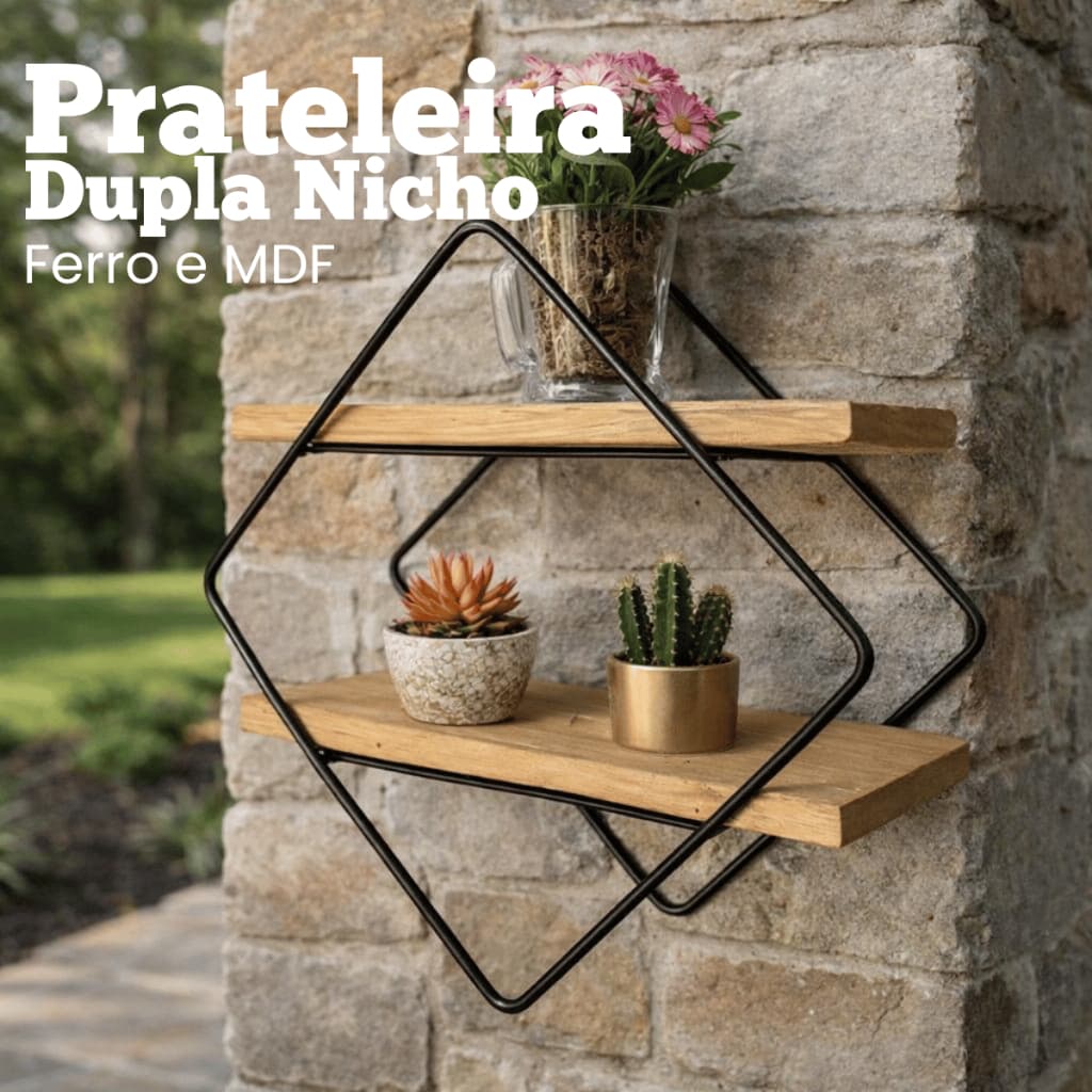 Prateleira Dupla Nicho Suspensa Ferro e MDF 35x35cm Decorativa Moderna Parede Porta Temperos