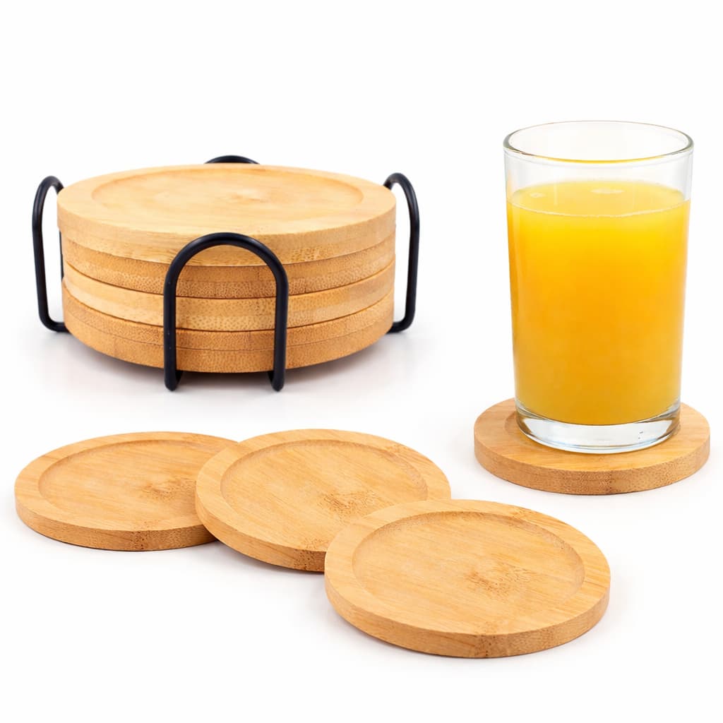 Porta Copo Bambu Redondo com Suporte de Ferro Kit 4 Unidades Mesa Posta Bar Cozinha Decorativo Premium