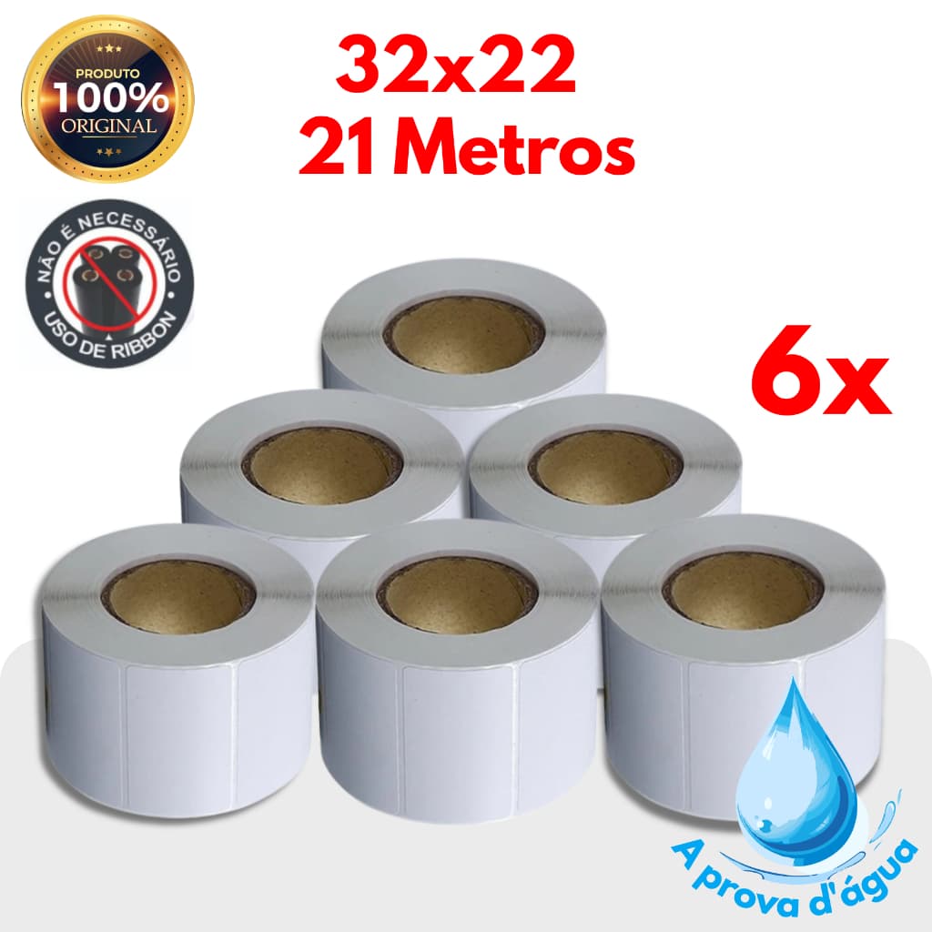 6 Rolos de etiqueta termica a prova d'água 32x22 1 coluna 21 Metros