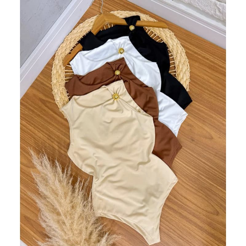 Body Feminino Suplex Poliamida com Detalhe Dourado no ombro Sofisticado forro duplo sem bojo Tendência