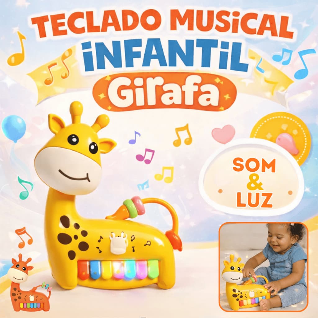 Pianinho Girafa Infantil com Som e Luz – Teclas Coloridas Educativo para Bebê