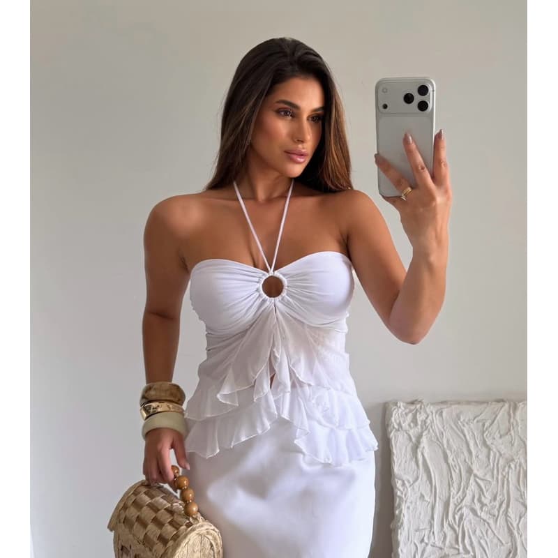 Batinha Feminina Frente Única com Argola e Babados em Tule – Modelo Drapeado Leve e Elegante Tendência 2026