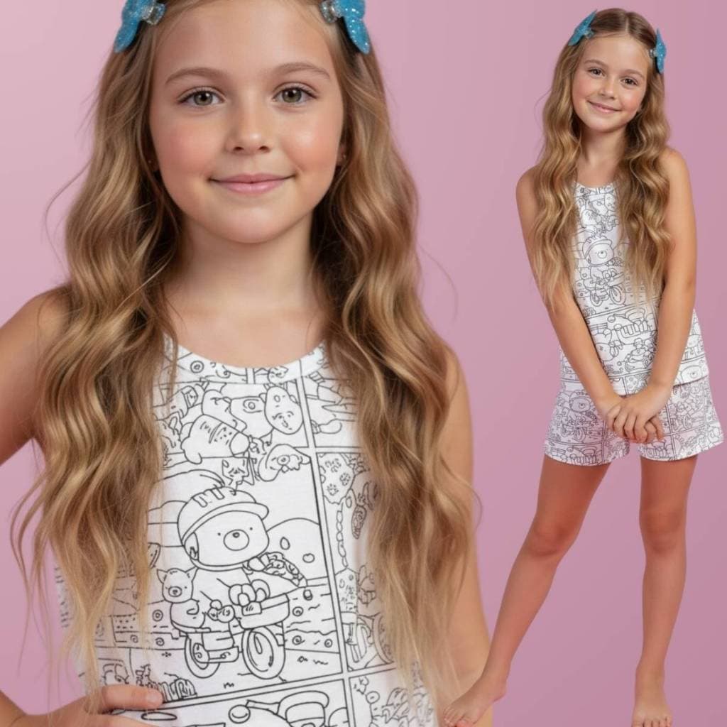 Kit 2 Peças Pijama Infantil para Colorir Regata + Short com Canetinhas Laváveis | Pinte e Lave Diversão Criativa