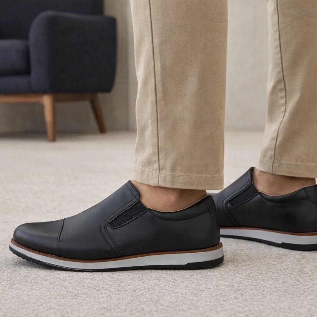 Mocassim Loafer Masculino em Couro Soft Estilo Casual Social Preto e Caramelo