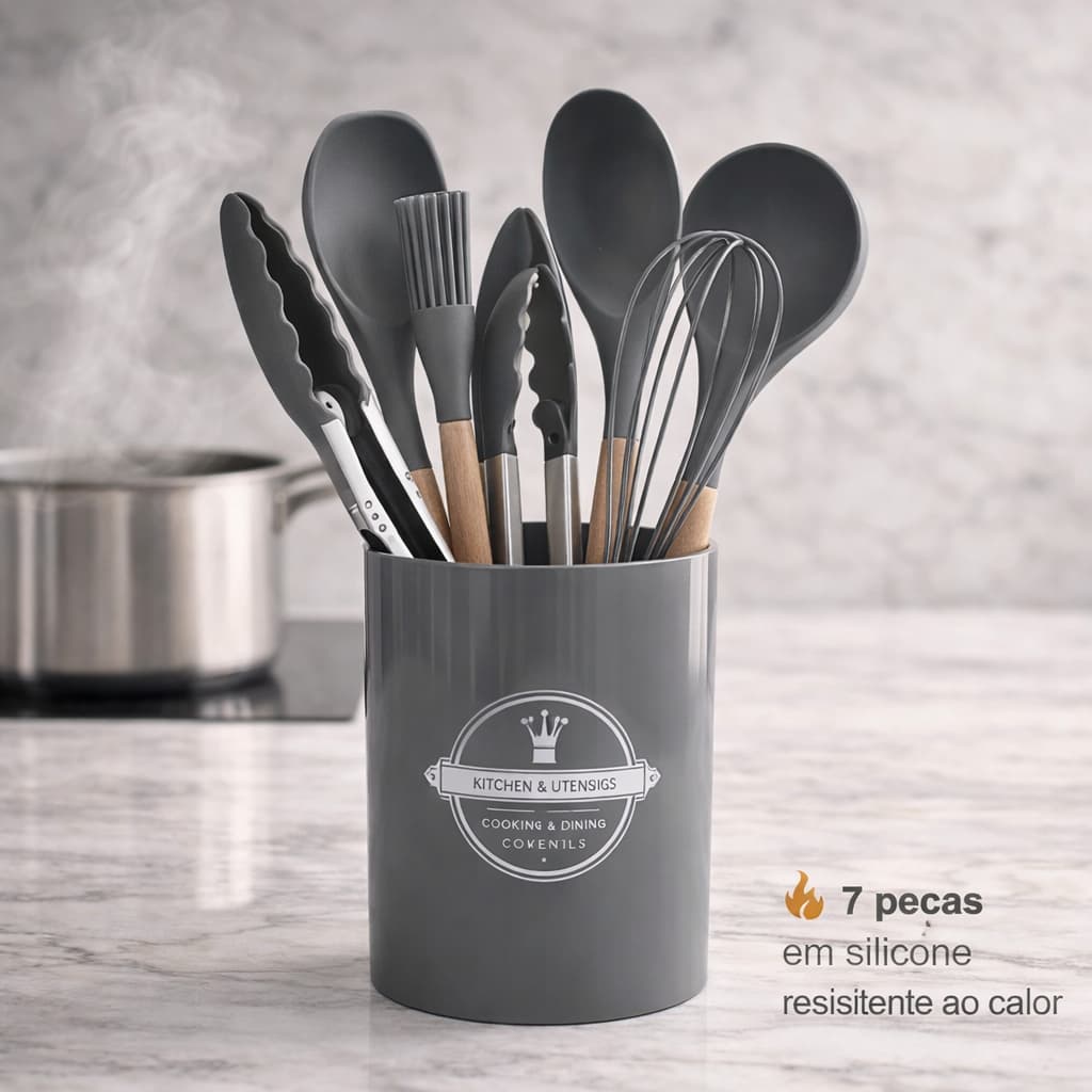 Kit 7 Utensílios para Cozinha de Silicone Colher Espátula Concha Jogo de Talhares Antiaderente
