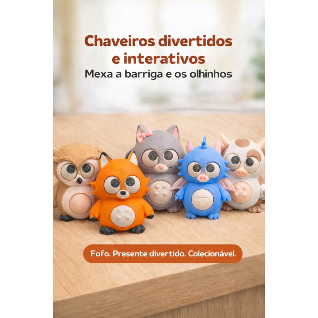 Chaveiro divertido e interativo – Mexe Barriga e Olhos – Fofo, Criativo e Colecionável - Impressão 3D Presente Criativo
