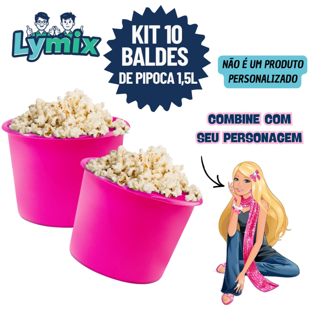 KIT 10 BALDES DE PIPOCA 1,5L PP PARA PERSONALIZAR E ADESIVAR FESTA/ BARBIE - VARIOS TEMAS