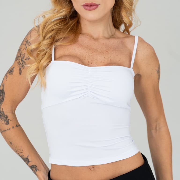 Regata Franzido Peito Alça Fina Blusa Cropped Forro Duplo Suplex