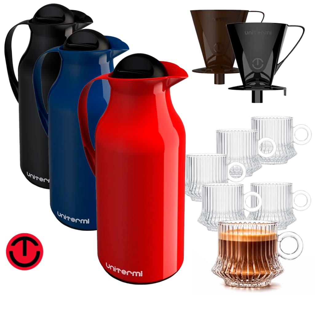 Kit Garrafa Térmica de Café Unitermi 0,75L Porta Filtro Coador 6 Xícaras de Vidro Resistente