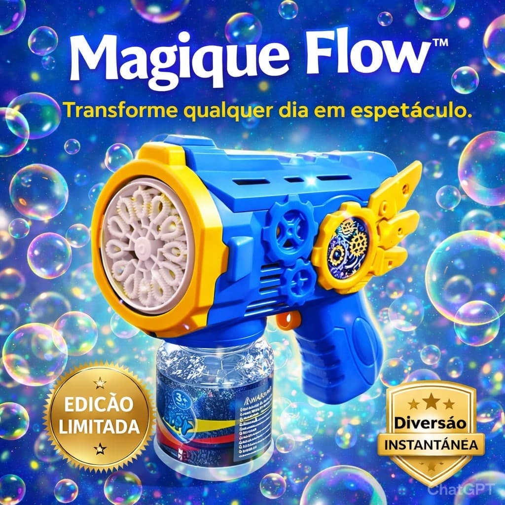 Máquina de Bolhas de Sabão Automática Infantil Magique Flow Luz LED Pistola