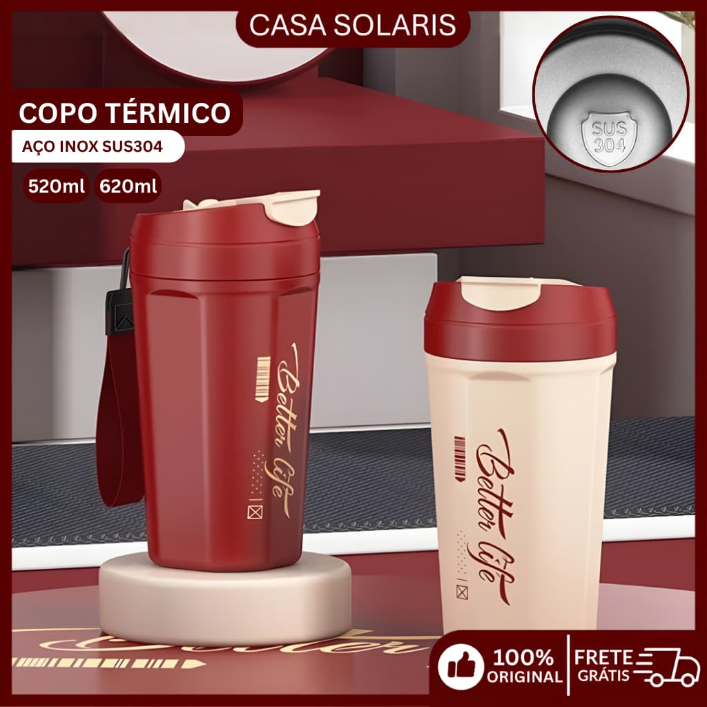 Copo Térmico Aço Inox SUS304 520ml com Tampa Hermética Isolamento 24h Quente e Frio - Tumbler Mug