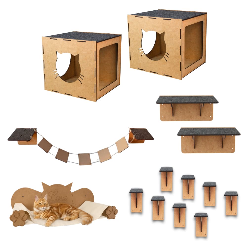 Parquinho de Gatos Kit 16 peças em MDF Nicho Prateleiras Rede Ponte Degraus Escadinha Gato Pet