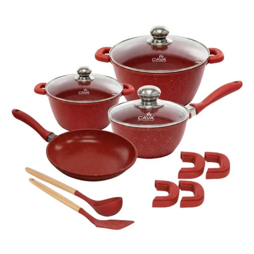 Jogo De Panelas Cerâmicas Indução Classic Cava 6 Peças Premium Preto,Vermelho E Rosa