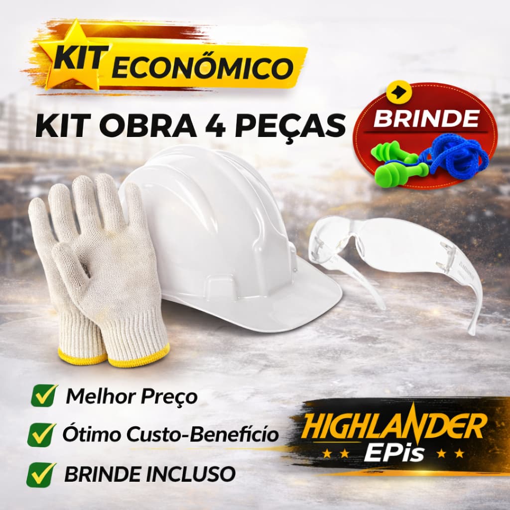 KIT OBRA COMPLETO - EPIs - KIT SEGURANÇA - GANHE BRINDE PROTETOR PLUG, CAPACETE, ÓCULOS, LUVA COM CA