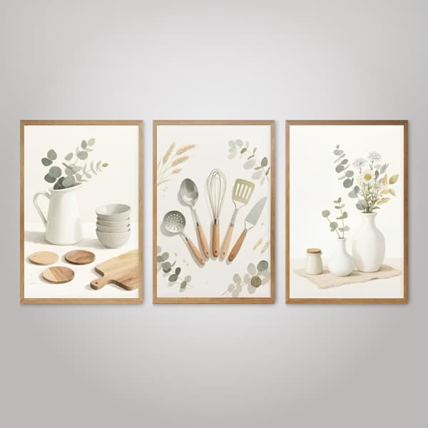 Quadro Decorativo Cozinha Talheres Jarros Plantas Minimalista Clean Moldura Parede Decoração Kit 3