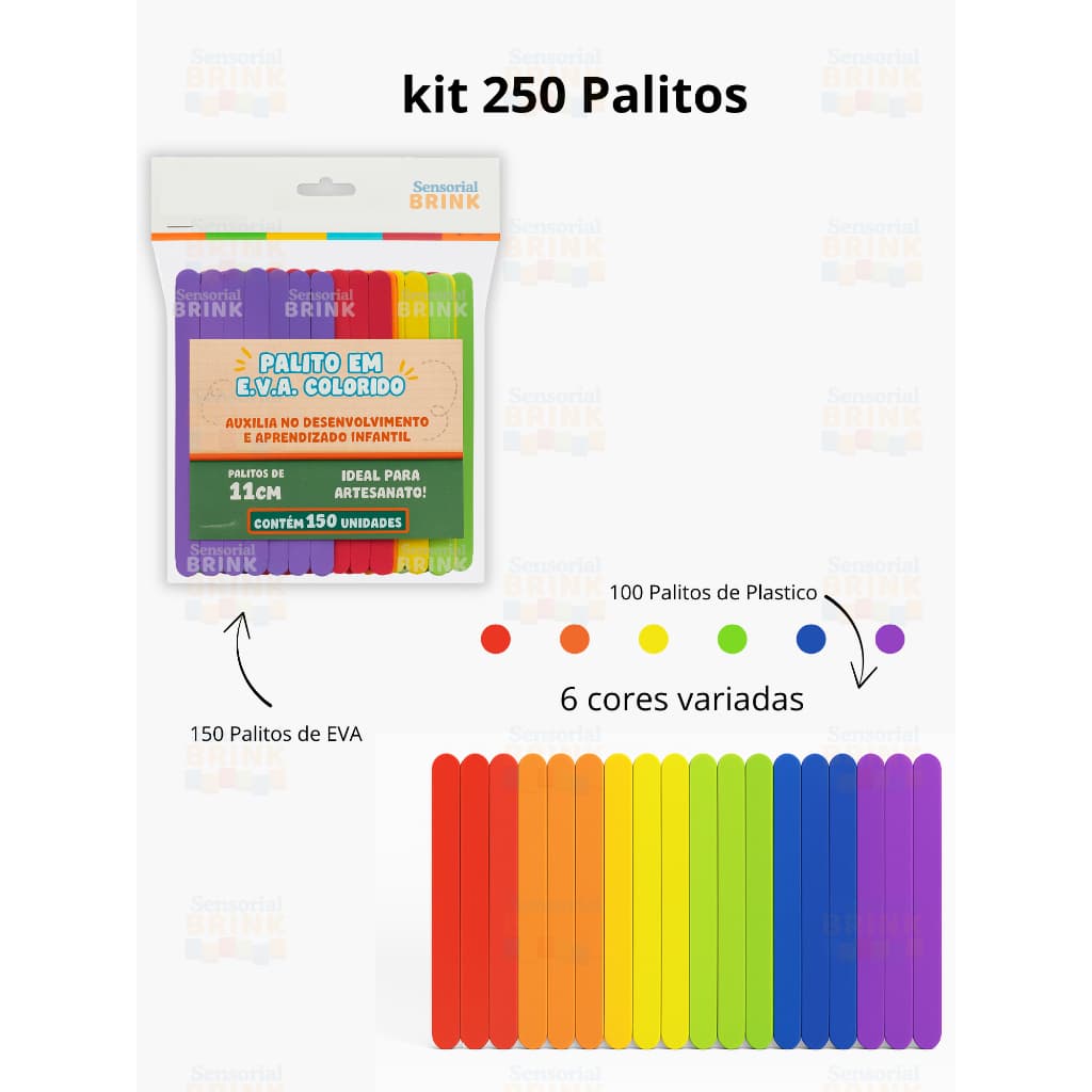 250 Palitos Brinquedo Educativo – Kit Criativo de Palitos EVA e Plastico para Aprender Formas e Cores