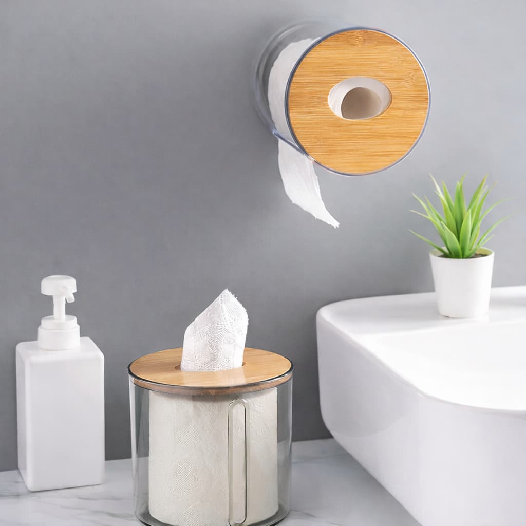 Suporte Porta Papel Higiênico Bambu Adesivo Sem Furo Parede Acrílico Banheiro Lavabo Sala Escritório