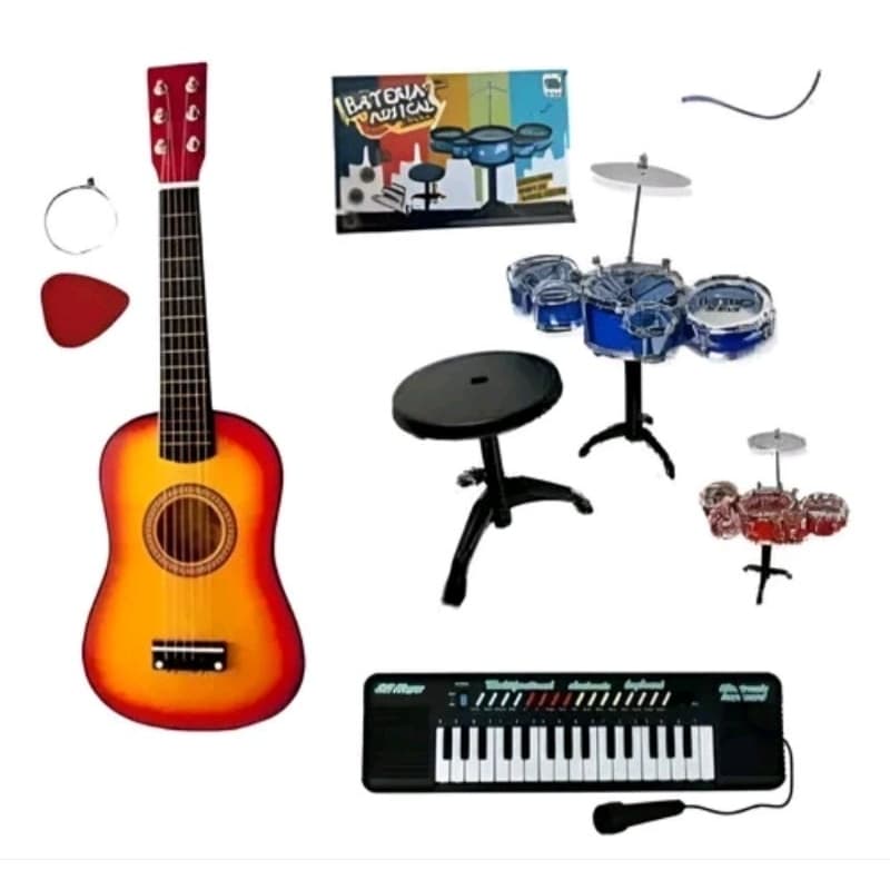 Kit Musical Violão +bateria Infantil Com Banquinho +teclado Sortidas