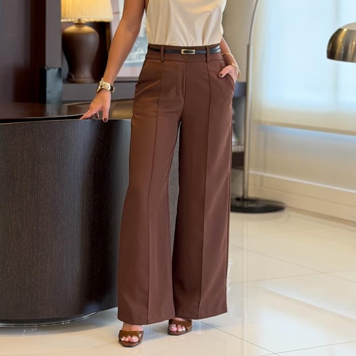 Calça Social Feminina Pantalona Alfaiataria Com Cinto