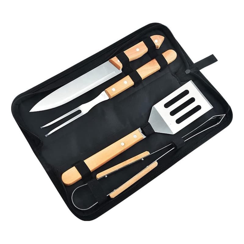 Kit Churrasco 4 Peças com Estojo Faca Garfo Espátula Pegador Inox Profissional