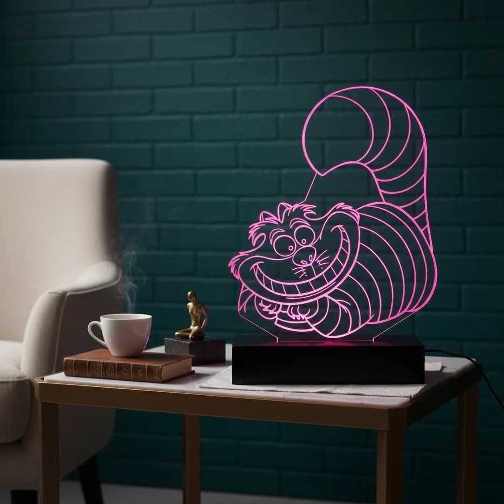 Luminária Led 3d | Gato Alice País Maravailhas | Abajur Presente Criativo Decoração