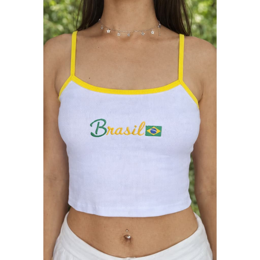 Regata Alcinha Brasil Torcida Feminina Bordada Ribana Canelada Branca Azul e Verde Top Seleção