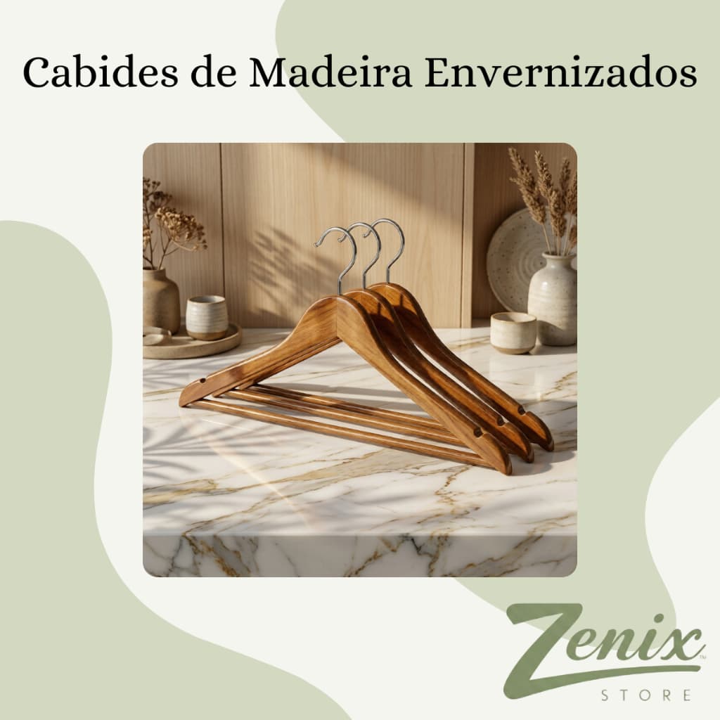 Kit 3 Cabides De Madeira Maciça Envernizado Com Gancho De Metal Giratório E Cava
