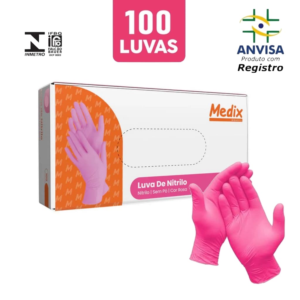 Kit Luva nitrílica MEDIX Descartável Rosa com ANVISA