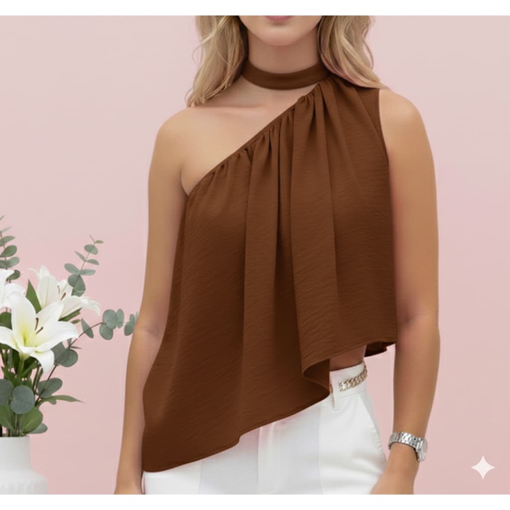 Blusa Feminina Elegante Mula Manca Gola Alta Assimétrica Casual Ombro Único Blusinha Assimétrica Gola Alta