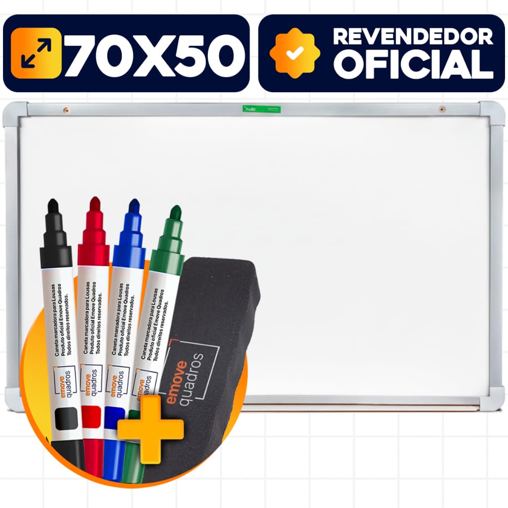 Quadro Branco Lousa 70x50cm Moldura Alumínio  Soft + 4 Canetas  + 1 Apagador