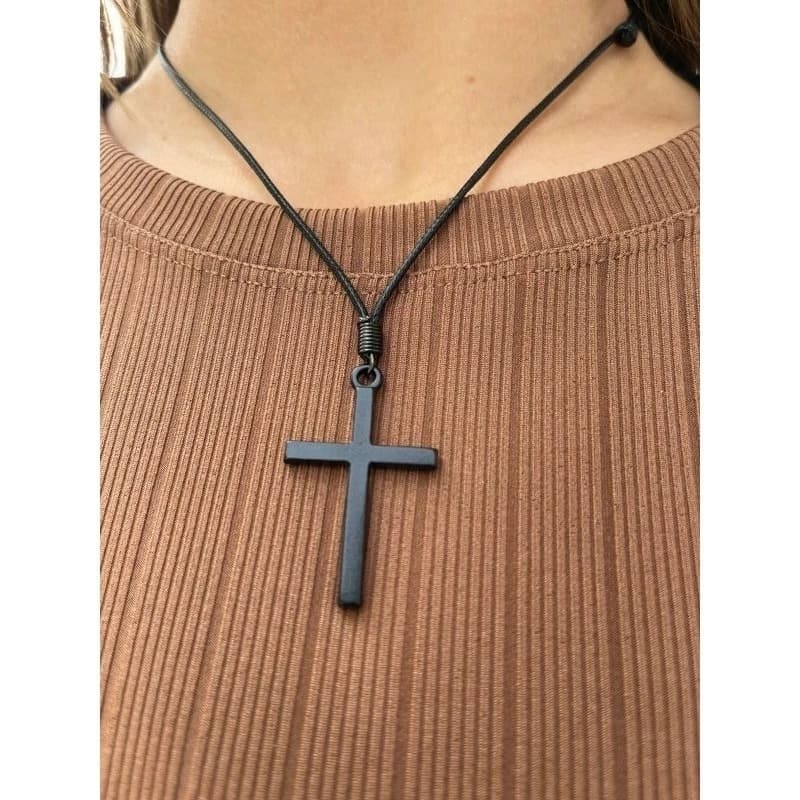 Colar Pingente De Cruz Masculino Preto De Aço Inoxidável