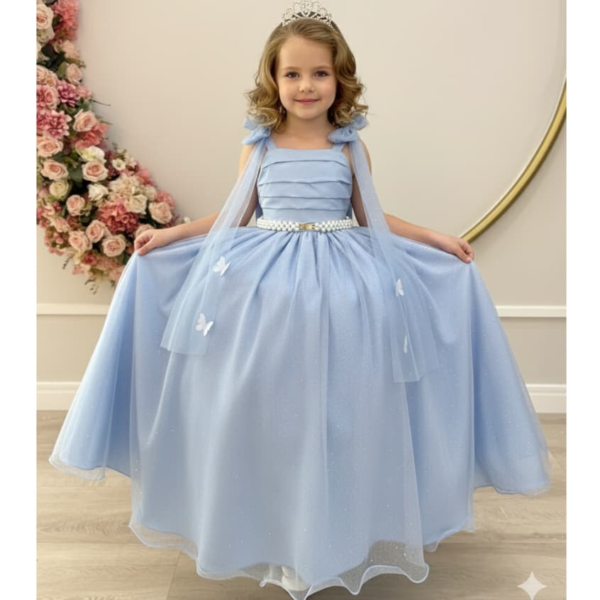 Vestido Infantil Longo Azul Casamento Formatura Luxo Princesa Borboletas Festas