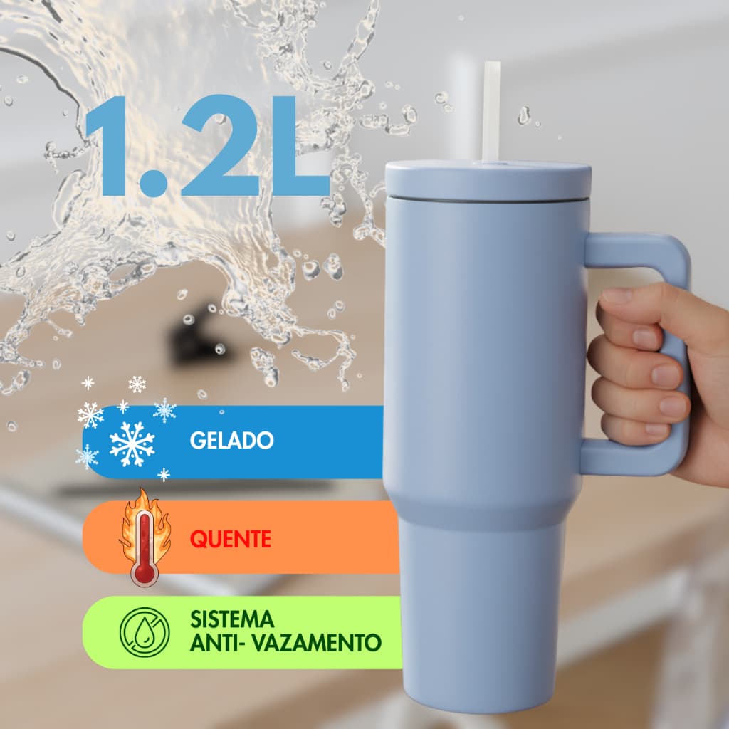 Copo Térmico de Aço Inoxidável 1.2L Alça e Canudo Premium