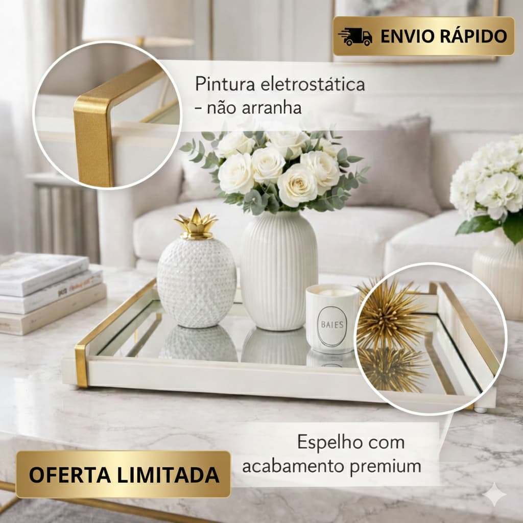 Mesa Bandeja Espelhada Decorativa para Sala e Cantinho do Café  Design Elegante e Sofisticado
