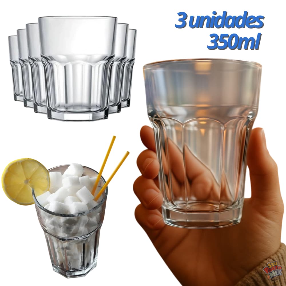 Kit Copo de Vidro 350ml Trevi Transparente -Jogo  3, 6 ou 9 Copos Resistentes para Água Suco Drink