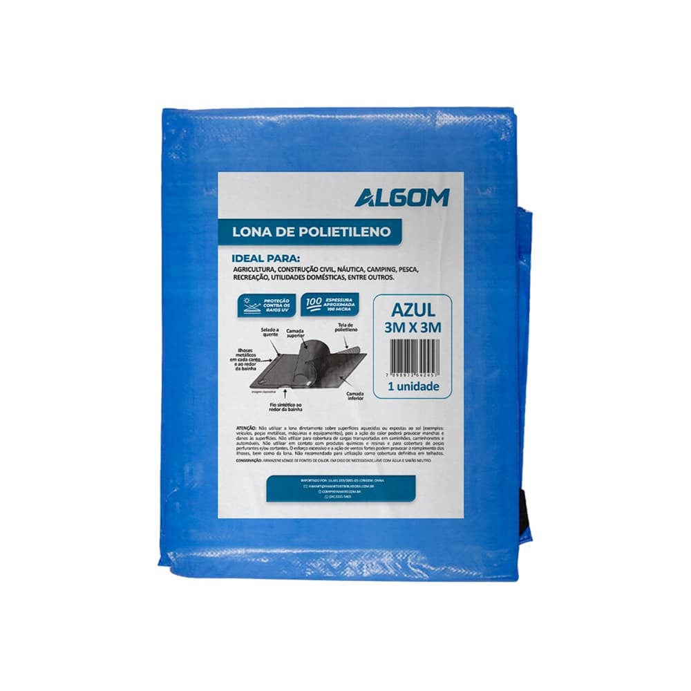Lona Carreteiro Azul 3x3m com Ilhós – Impermeável Reforçada 100 Micras com Proteção UV Com Ilhós