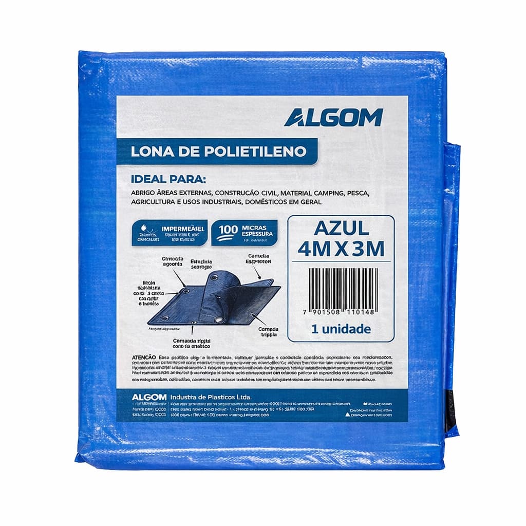 Lona Carreteiro Azul 4x3m com Ilhós – Impermeável Reforçada 100 Micras com Proteção UV