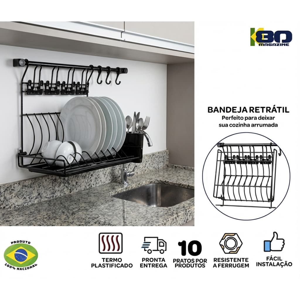 Escorredor Retrátil de Parede 10 Pratos c/ Porta Talher Ideal Apartamentos