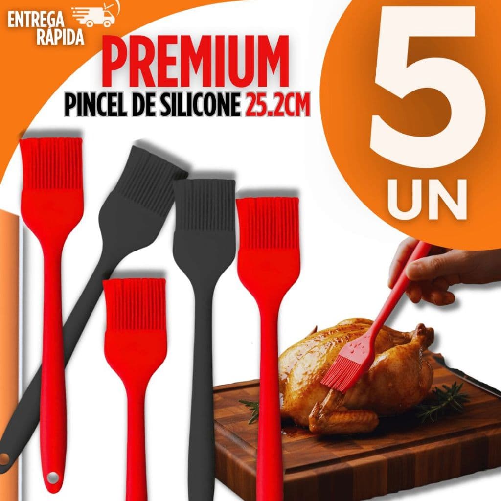Kit 5 Pincel de Silicone Culinário Premium Preto e Vermelho Utilidades Casa Cozinha Resistência