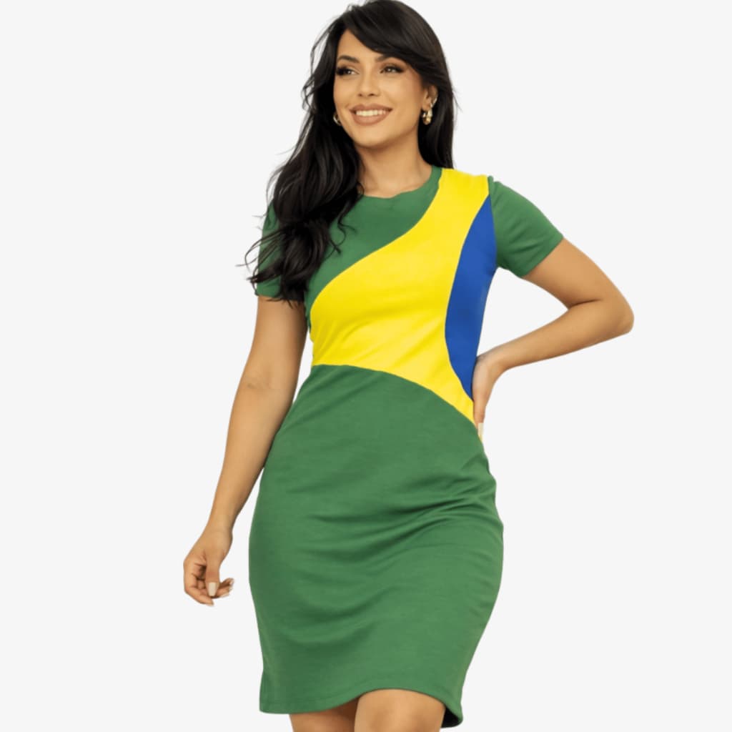 Vestido Eleições Brasil Feminino Tubinho Ribana Canelado Manga Curta Roupas Para Mulheres